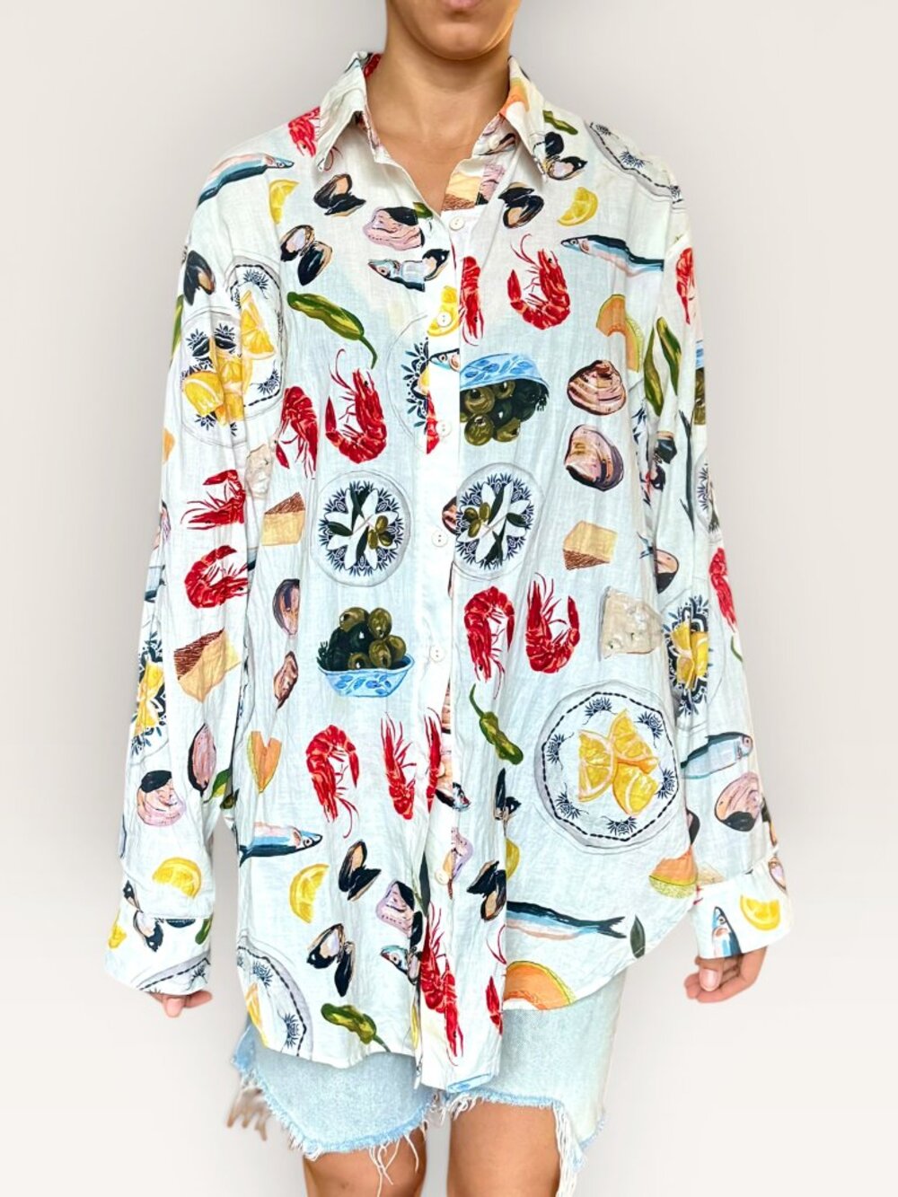 Lisa Says Gah Tessa Button Down Shirt Tapas Ivory Sardinecore Novelty Food Print
